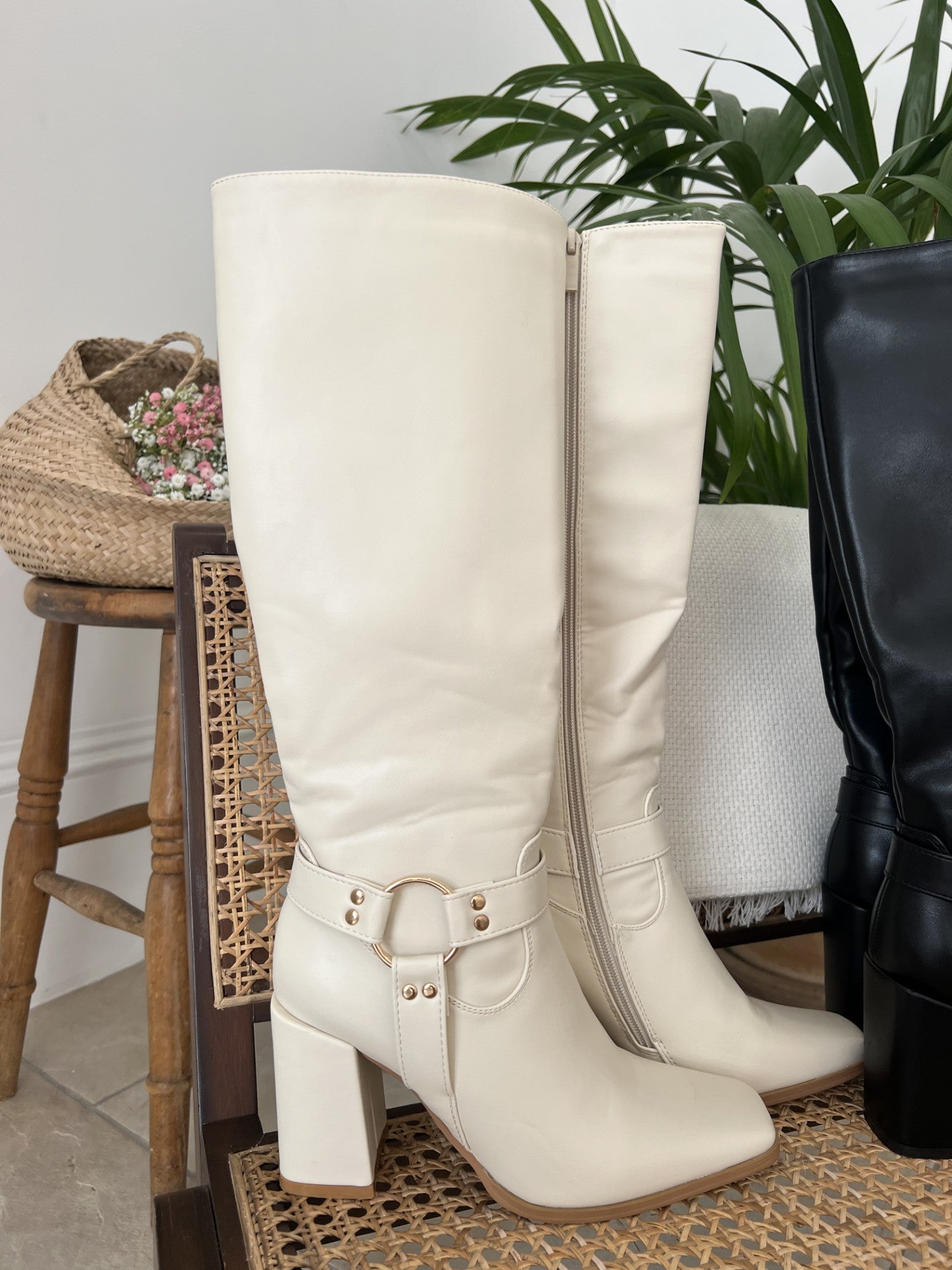 Cream Buckle Knee high Boots Luxy Boutique