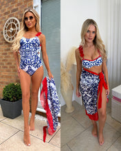 Load image into Gallery viewer, Blue and white red ruffle swimsuit or bikini comes with kaftan skirt
