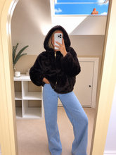 Load image into Gallery viewer, Storie - Dark chocolate faux fur fluffy zip up jacket
