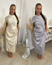 Load image into Gallery viewer, Satin Ruched Blouse And Gathered Midi Side Slit Skirt Set coord
