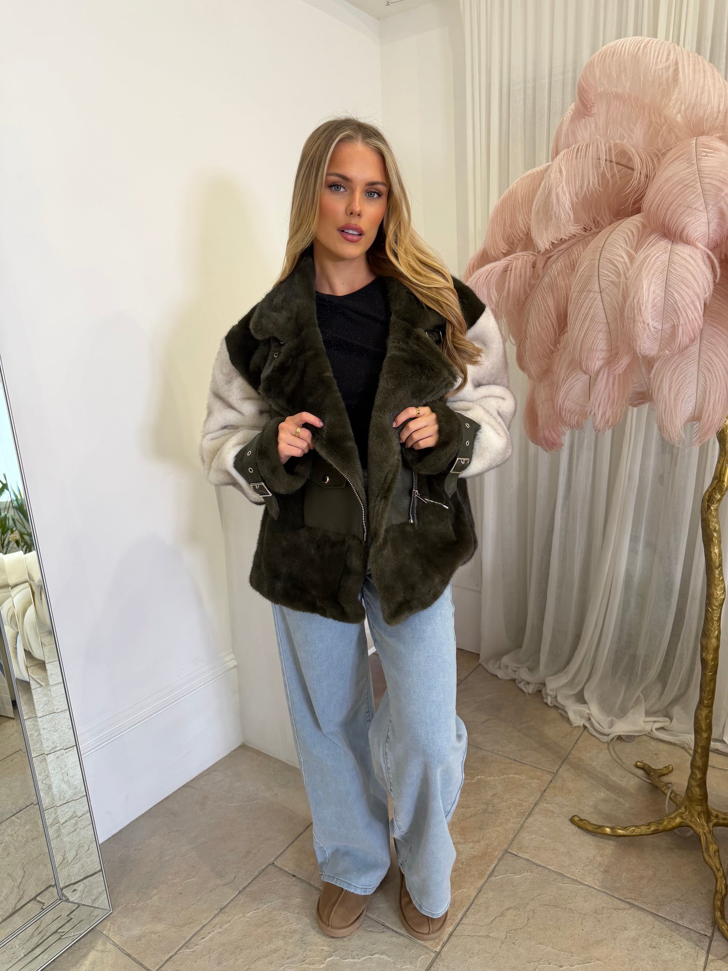 Olive - Faux fur biker style